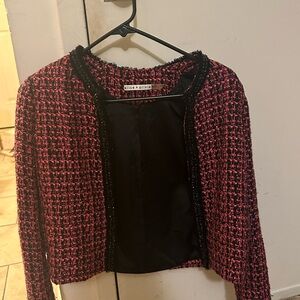 Alice + Olivia Pink and Black Tweed Open-Front Blazer